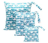 Treer Lot de 3 Sac à Couches Bébé, Etanche Lavables Réutilisables Sac de Rangement à Couches, Organisateur des Couches pour Vêtements Sales, Hangable pour Chariot Bébé (Baleine Bleue)