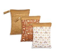 Treer Lot de 3 Sac à Couches Bébé, Sac de Rangement à Couches Etanche Réutilisable Lavable avec Double Fermeture Eclair Hangable Wetbag pour Bébé Voyage (Soleil Brun,30x40cm)
