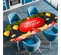 Treer Nappe Imprimé Joyeux Noël,Rouge Nappe de Table Ovale avec Bord Élastique,Protection Table Essuyable Cuisine Salon,Nappe Anti Taches,Nappes pour Table de Jardin Fête (Joyeuses Fêtes,132x305cm)