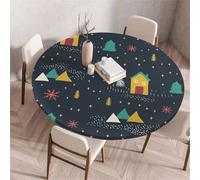 Treer Nappe Imprimés de Noël Simples, Nappes Rondes avec Bord Élastique, Exterieur Lavable Nappes Anti Taches, Nappe de Table pour Cuisine Jardin Fête Table (Maison,200cm)
