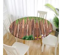 Treer Nappe Ronde Grain de Bois Rétro,Nappes Rondes avec Bord Élastique, Nappe Exterieur Lavable,Nappes Polyester Anti Taches,Nappe de Table pour Cuisine Jardin Fête Table (Feuilles Vertes,130cm)