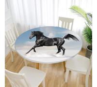Treer Nappe Ronde, Imprimé Cheval Nappes Rondes avec Bord Élastique, Nappe Exterieur Lavable, Nappes Polyester Anti Taches, Nappe de Table pour Cuisine Jardin Fête Table (Cheval Noir,120cm)