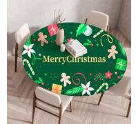 Treer Nappe Ronde, Joyeux Noël Verte Nappes Rondes avec Bord Élastique, Nappe Anti Tache Lavable, Protege Table Exterieur, Table Cloth pour Cuisine Jardin Fête (Bonhomme en Pain d'épices,120cm)