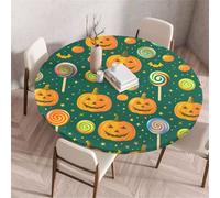 Treer Nappe Ronde, Motif de Citrouille Effrayante Nappes Rondes avec Bord Élastique, Nappe Anti Tache Lavable, Protege Table Exterieur, Table Cloth pour Cuisine Jardin Fête Table (Vert,80cm)