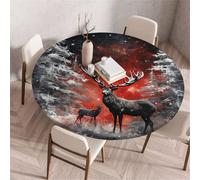 Treer Nappe Ronde, Motif d'élan Rouge Nappes Rondes avec Bord Élastique, Nappe Anti Tache Lavable, Protege Table Exterieur, Table Cloth pour Cuisine Jardin Fête Table (Rouge 6,200cm)