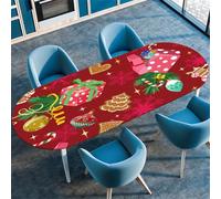 Treer Nappe Style de Noël Mignon,Rouge Nappe de Table Ovale avec Bord Élastique,Protection Table Essuyable Cuisine Salon,Nappe Anti Taches,Nappes pour Table de Jardin Fête (Cadeau de Noël,132x305cm)