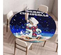 Treer Noël Nappe Ronde, Motif Bonhomme de Neige Nappes Rondes avec Bord Élastique, Nappe Anti Tache Lavable, Protege Table Exterieur, Table Cloth pour Cuisine Jardin Fête Table (Bleu Marine,150cm)