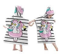 Treer Poncho à Capuche Serviette pour Baignade, Licorne Impression Enfants Plage Natation Peignoir de Séchage Rapide Serviettes de Bain pour Garçon Fille Piscine Beach (65x75cm,Bande)