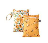 Treer Sac à Couches Bébé Lavable, Sac à Couches Réutilisable Imperméable Wetbag Lot de 2 Sac de Rangement Hangable avec Fermeture à Glissière pour Bébé, Voyage (Fleurs Jaunes,18x25cm)