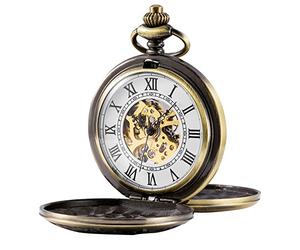 TREEWETO Antique Mens Pocket Watch Skeleton Mechanical Half Hunter Golden/Bronze/Silver Double Case Roman Numerals