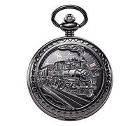 TREEWETO Antique Mens Pocket Watch Skeleton Mechanical Hollow Bronze Case 3D Steam Train Railroad Roman Numerals