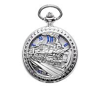 TREEWETO Antique Montre de poche pour homme squelette mécanique creux bronze 3D Steam Train Railroad Numéros romains, Argent 055, Mécanique