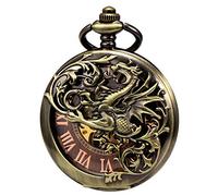 TREEWETO Men's Antique Dragon Mechanical Skeleton Pocket Watch Black/Bronze Double Case with Chain