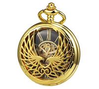 Treeweto Montre à Gousset mécanique avec Ailes d'aigle Double boîtier Creux Chiffre Romain avec chaîne Coffret Cadeau