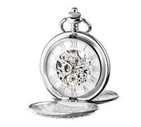 TREEWETO Montre à gousset mécanique avec chiffres romains et boîte et chaînes pour homme et femme Noir/bronze/doré/argenté Argenté