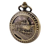 TREEWETO Montre à Gousset pour Homme Montre Squelette mécanique, boîtier en Bronze - Style Antique - chiffrres Romains - Gravure 3D Locomotive à Vapeur