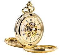 Treeweto - Montre de poche à gousset de style ancien pour homme - Squelette mécanique - Dorée - Chiffres romains - Avec chaîne