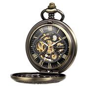 TREEWETO Montre de Poche analogique avec chaîne pour Homme - Double boîtier - Chiffres Romains - Bronze/Noir/doré, Bronze, Antique