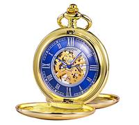 TREEWETO Montre de Poche avec chaîne Homme Retro Steampunk Squelette Mécanique Or Double Hunter avec Chaîne Boîte Cadeau