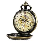 TREEWETO Montre De Poche avec Chaîne pour Hommes Femmes Rétro Mécanique Squelette Analogique À Remontage Manuel Antique Loupe Conception Bronze/Noir/Argent