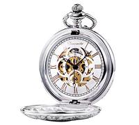 TREEWETO Montre de Poche avec chaîne Steampunk Squelette Mécanique Full Hunter Argent