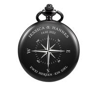 TREEWETO Montre de poche avec gravure, cadeau de mariage personnalisé, cadeau pour couple, avec boussole, nœud personnalisable, nom et date, Noir