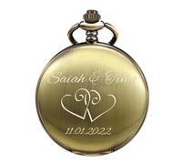 TREEWETO Montre de poche avec gravure de mariage, motif cœurs, personnalisable, nom et date, cadeau de mariage pour les mariés, idée cadeau d'anniversaire, bronze