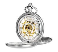 TREEWETO Montre de poche classique lisse double boîtier mécanique argenté montre de poche steampunk chiffres romains montre gousset pour homme et femme avec chaîne, Argenté, Mécanique