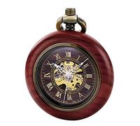 TREEWETO Montre de poche mécanique automatique en bois vintage pour homme et femme, cadran squelette steampunk avec chaîne + boîte cadeau, marron, Rétro