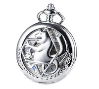 TREEWETO Montre de poche mécanique double coque entièrement en métal squelette alchimiste steampunk pour homme femme avec boîte à chaîne, Argenté., Antique