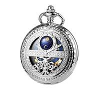 TREEWETO Montre de Poche Mécanique pour Homme Soleil et Lune Squelette Chiffres Romains avec Chaîne pour Homme, Argenté