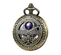 TREEWETO Montre de Poche Mécanique pour Homme - Soleil et Lune - Squelette - Chiffres Romains - Montre de Poche avec Chaîne pour Homme, Bronze