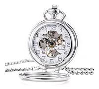 TREEWETO Montre de Poche Mécanique Steampunk pour Homme et Femme, Cadran Squelette Argenté avec Chaîne + Boîte, Argenté, Rétro