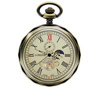 TREEWETO Montre de Poche Montres Goussets mécanique pour Homme en Bronze à chaîne, Lune Soleil Tournant 24 Heures Afficher Cadran Squelette avec chaîne + Boite Cadeau