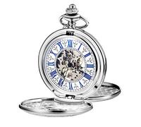 TREEWETO Montre de Poche pour Homme et Femme Style Steampunk Squelette Mécanique Argenté Rétro Montres Double Boîtier, Argenté., Rétro