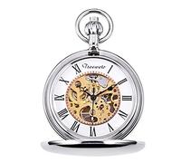 TREEWETO Montre de Poche pour Hommes Argent Lisse Coque Cadran Squelette Mouvement mécanique avec chaîne + Boîte Cadeau