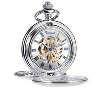 TREEWETO Montre de poche rétro lisse classique mécanique à remontage manuel Steampunk chiffres romains montre gousset pour homme femme avec boîte à chaîne