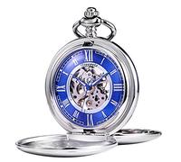 TREEWETO Montre de poche - Série à double boîtier lisse, cadran bleu, mouvement mécanique avec chaîne, argenté/doré