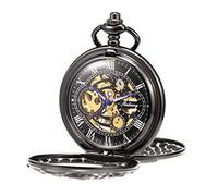 TreeWeto Montre de poche, unisexe, avec chaîne à remontage analogique et double charnière, motif antique de squelette de dragon, noire