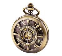 TREEWETO Montre de Poche Unisexe avec chaîne à remontage analogique et Double charnière Motif Squelette Bronze