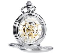 TREEWETO Montre de Poche, Unisexe, avec chaîne à remontage analogique, mécanique et Double charnière, Motif Romain, Antique, argentée