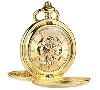TreeWeto Montre de poche, unisexe, avec chaîne à remontage analogique, mécanique et double charnière, motif romain, antique, dorée