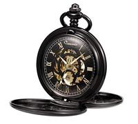 TREEWETO Montre de Poche, Unisexe, avec chaîne à remontage analogique, mécanique et Double charnière, Motif Romain gravé, Antique, Noire