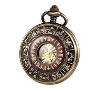 TREEWETO Montre de poche unisexe en bois avec chaîne à remontage manuel chiffres romains mécanique steampunk squelette pour homme femme avec chaîne et coffret cadeau, bronze