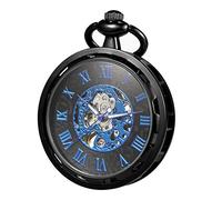 TREEWETO Montre gousset analogique pour homme avec chaîne - Mouvement mécanique - Visage ouvert - Mouvement squelette, bleu