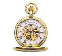 TREEWETO Montre gousset Argent/Or Boîtier lisse Cadran Squelette Mouvement mécanique avec Chaîne + Coffret Cadeau