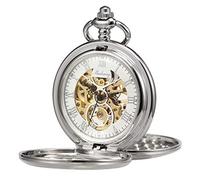 TREEWETO Montre Gousset Mécanique Squelette Ailes d'aigle Double Boîtier Creux Chiffres Romains avec Chaîne Boîte Cadeau, Argenté, Antique