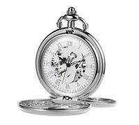 TREEWETO Montre Gousset Unisexe avec Chaîne Analogique à Remontage Manuel Mécanique Double Charnière Antique Dragon Squelette pour Homme Femme Argent