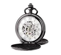 TREEWETO Montre Gousset Unisexe avec Chaîne Mécanique à Remontage Manuel à Double Charnière et Chiffres Romains Noir