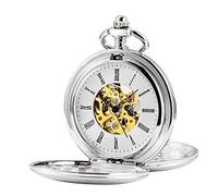 TREEWETO Montre Squelette de Poche à Double Ouverture - Montre Savonnette mécanique Manuelle, Argent